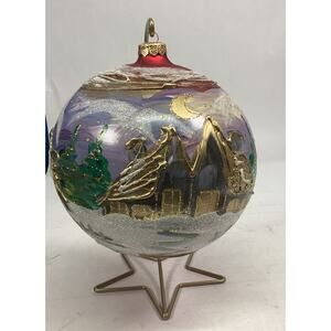 Hand Painted Large Glass Christmas Ball Ornament - Houses And Trees - Glitter -